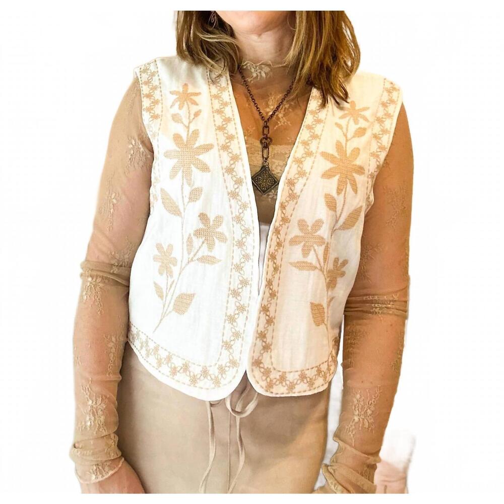 NEW MUSTARD SEED embroidered floral open front vest in ivory